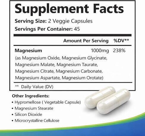 Magnesium Complex 1000 mg, 8-Source Magnesium Blend with Glycinate, Citrate, Malate & Taurate, Vegan Formula, Non-GMO, 90 Capsules in Kuwait