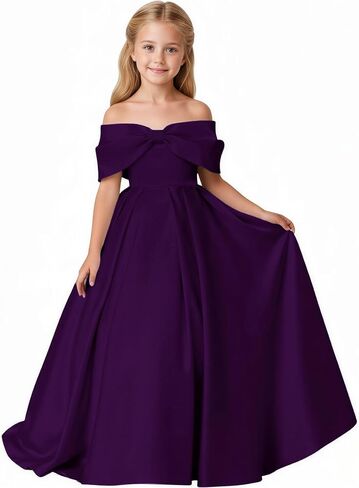 Off Shoulder Flower Girl Dress Long Satin Pageant Junior Bridesmaid Dresses for Wedding with Bow in Saudi Arabia