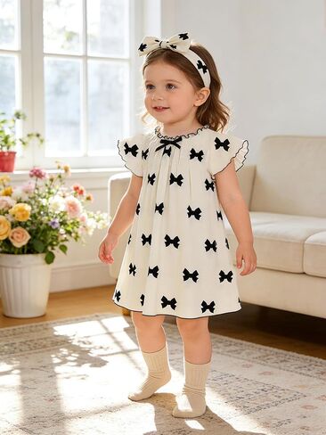Cute Sweet Summer Bow Print Dress with Bow Headband 2-Piece Set, Featuring Bubble Wrinkle Fabric in Kuwait