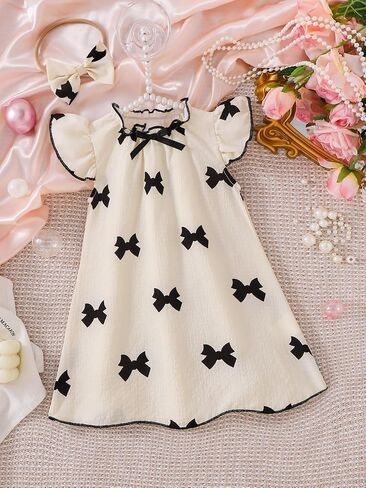 Cute Sweet Summer Bow Print Dress with Bow Headband 2-Piece Set, Featuring Bubble Wrinkle Fabric in Kuwait