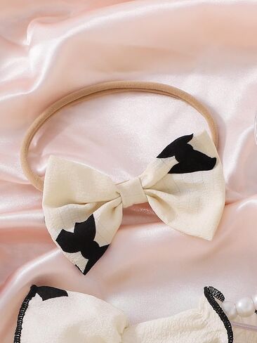 Cute Sweet Summer Bow Print Dress with Bow Headband 2-Piece Set, Featuring Bubble Wrinkle Fabric in Kuwait