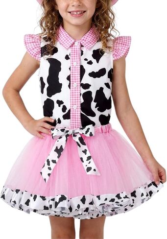 Toddler Girl Cowgirl Outfit - Western Pink Gingham Ruffle Sleeve Cow Print Shirt Tutu Skirt Rodeo 2 Piece Set in Saudi Arabia