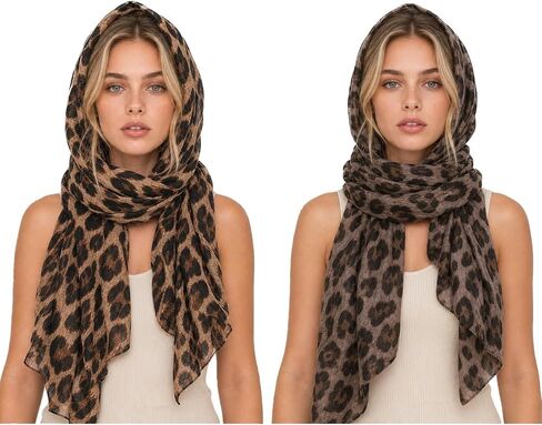 2PCS Leopard Scarf, Cheetah Print Shawls and Wraps for Womens Hijab Scarf Voile Sheer Beach Scarves Sunscreen Sil k Head Shawl in Saudi Arabia