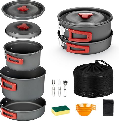 Alocs Camping Cooking Set Camping Gear, Portable Camping Cookware with Upgraded Handle, Camping Pots and Pans Set Outdoor Kitchen Must Have, Non-Stick Camping Pan for Picnic, Hiking and Fishing in Kuwait