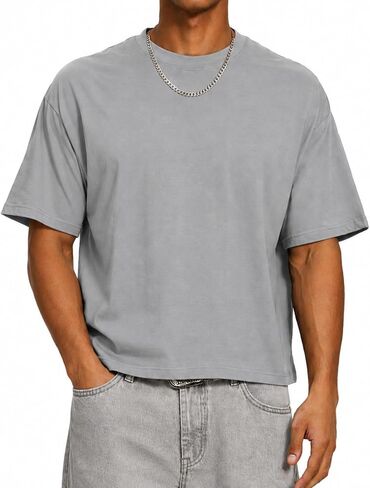 Mens Cropped Boxy T Shirts Short Sleeve Oversize Cotton Fashion Crewneck Drop Shoulder Tee in Saudi Arabia
