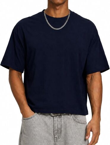 Mens Cropped Boxy T Shirts Short Sleeve Oversize Cotton Fashion Crewneck Drop Shoulder Tee in Saudi Arabia