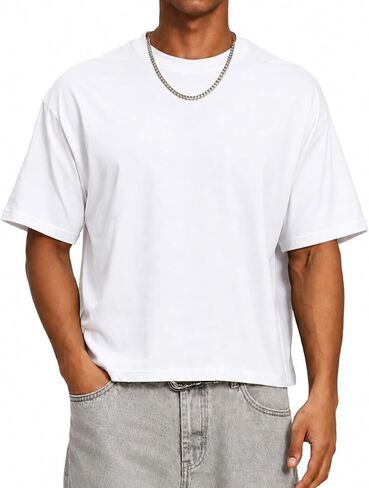 Mens Cropped Boxy T Shirts Short Sleeve Oversize Cotton Fashion Crewneck Drop Shoulder Tee in Saudi Arabia