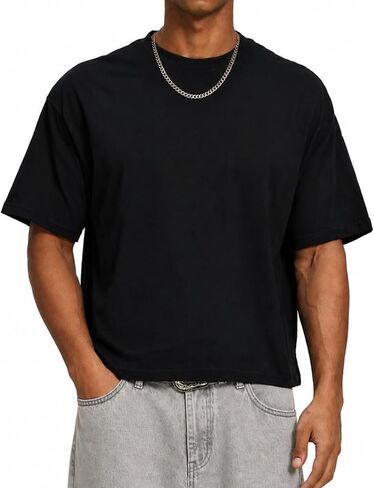 Mens Cropped Boxy T Shirts Short Sleeve Oversize Cotton Fashion Crewneck Drop Shoulder Tee in Saudi Arabia