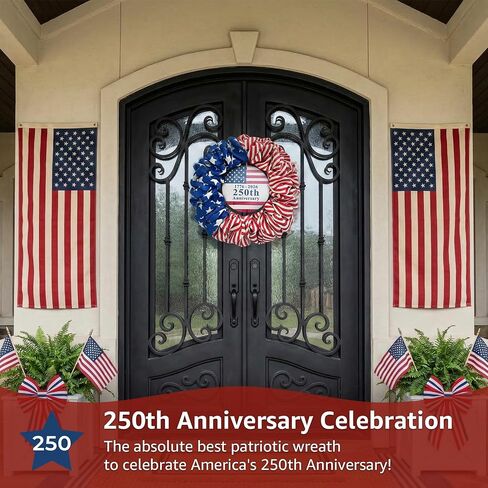 4th of July Wreath for Front Door - 20 inch Memorial Day Patriotic Decorations Outdoor, Red White and Blue 1776-2026 USA 250th Anniversary Burlap American Flag Door Wreaths in Saudi Arabia