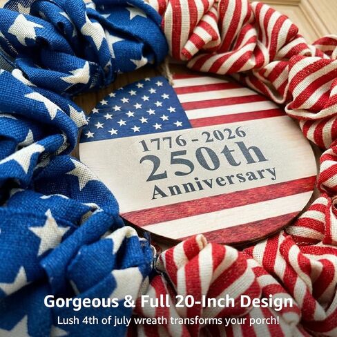 4th of July Wreath for Front Door - 20 inch Memorial Day Patriotic Decorations Outdoor, Red White and Blue 1776-2026 USA 250th Anniversary Burlap American Flag Door Wreaths in Saudi Arabia