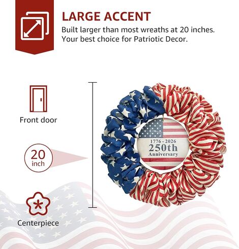 4th of July Wreath for Front Door - 20 inch Memorial Day Patriotic Decorations Outdoor, Red White and Blue 1776-2026 USA 250th Anniversary Burlap American Flag Door Wreaths in Saudi Arabia