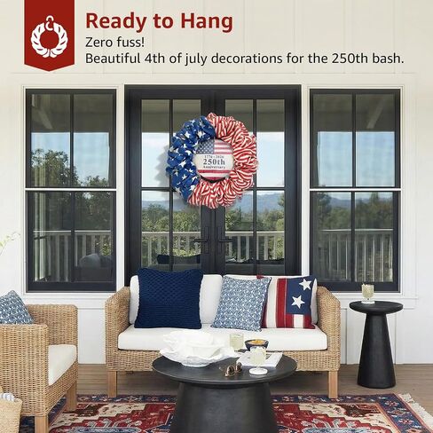 4th of July Wreath for Front Door - 20 inch Memorial Day Patriotic Decorations Outdoor, Red White and Blue 1776-2026 USA 250th Anniversary Burlap American Flag Door Wreaths in Saudi Arabia