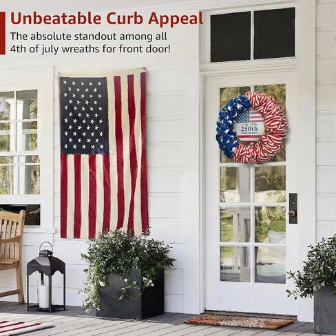 4th of July Wreath for Front Door - 20 inch Memorial Day Patriotic Decorations Outdoor, Red White and Blue 1776-2026 USA 250th Anniversary Burlap American Flag Door Wreaths in Saudi Arabia