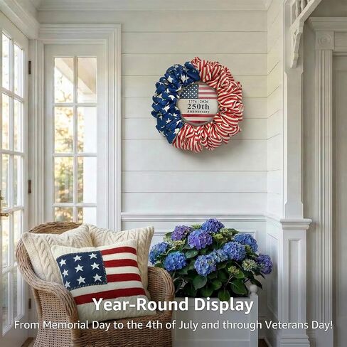 4th of July Wreath for Front Door - 20 inch Memorial Day Patriotic Decorations Outdoor, Red White and Blue 1776-2026 USA 250th Anniversary Burlap American Flag Door Wreaths in Saudi Arabia