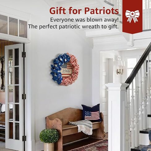 4th of July Wreath for Front Door - 20 inch Memorial Day Patriotic Decorations Outdoor, Red White and Blue 1776-2026 USA 250th Anniversary Burlap American Flag Door Wreaths in Saudi Arabia