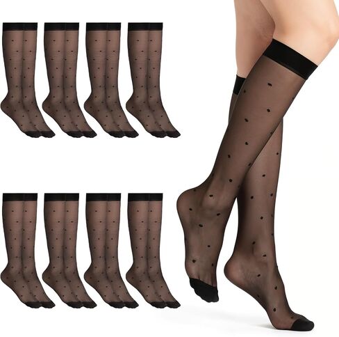 8 Pairs Women's Sheer Knee High Stockings, Black Dots Sheer Thin Sock Black Polka Dot Sock Sheers Tube Stockings with Anti-slip Dots Design Stretchy Breathable for Women in Kuwait
