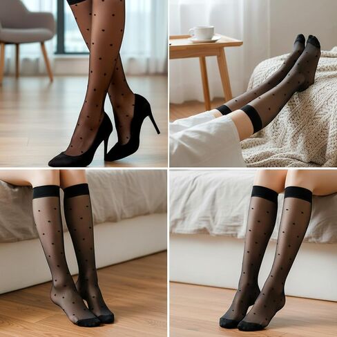 8 Pairs Women's Sheer Knee High Stockings, Black Dots Sheer Thin Sock Black Polka Dot Sock Sheers Tube Stockings with Anti-slip Dots Design Stretchy Breathable for Women in Kuwait