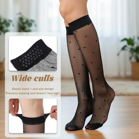 8 Pairs Women's Sheer Knee High Stockings, Black Dots Sheer Thin Sock Black Polka Dot Sock Sheers Tube Stockings with Anti-slip Dots Design Stretchy Breathable for Women in Kuwait