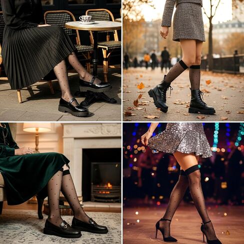 8 Pairs Women's Sheer Knee High Stockings, Black Dots Sheer Thin Sock Black Polka Dot Sock Sheers Tube Stockings with Anti-slip Dots Design Stretchy Breathable for Women in Kuwait