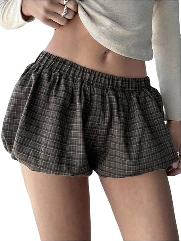 MakeMeChic Women's Plaid Bubble Shorts Blommer Low Waist Puffy Cute Balloon Shorts Skorts in Kuwait