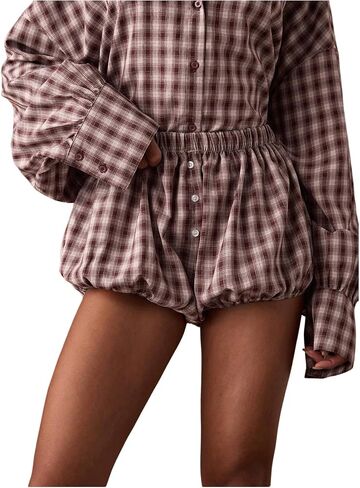 MakeMeChic Women's Plaid Bubble Shorts Blommer Low Waist Puffy Cute Balloon Shorts Skorts in Saudi Arabia