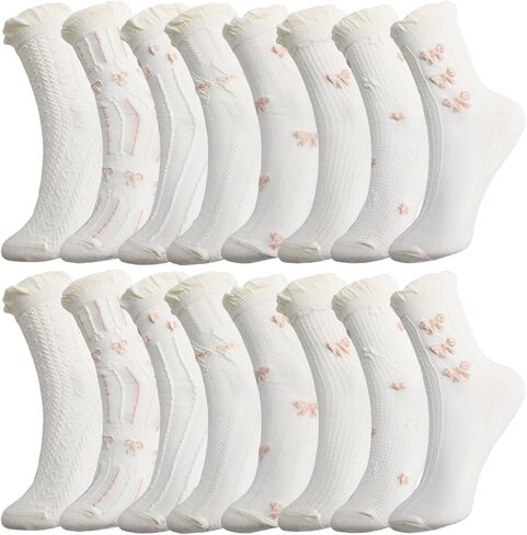 16 Pair Ruffle Socks for Women, Cotton Ankle Socks with Bow and Lace, Cute Casual Crew Socks for Daily Outfit in Saudi Arabia