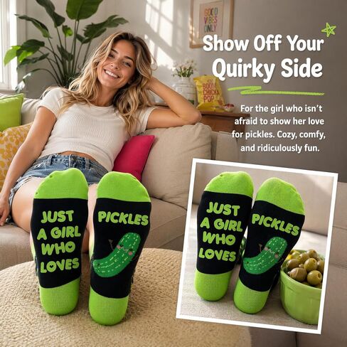 RosyClouds Cute Pickle Socks for Women - Just a Girl Who Loves Pickles Novelty Crew Socks, Funny Food Lover Gift in Saudi Arabia