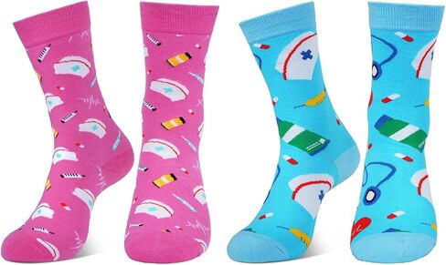 Ishua 2 Pairs Nurse Socks Women Funny Novelty Ankle Socks Blue and Pink Nurse Week Gifts for Doctor & Nurse Appreciation Present in Saudi Arabia