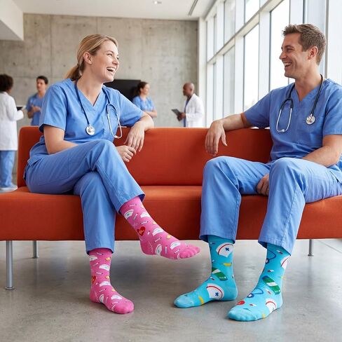 Ishua 2 Pairs Nurse Socks Women Funny Novelty Ankle Socks Blue and Pink Nurse Week Gifts for Doctor & Nurse Appreciation Present in Saudi Arabia