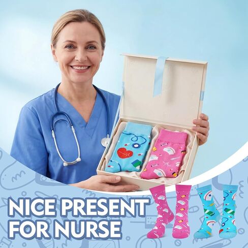 Ishua 2 Pairs Nurse Socks Women Funny Novelty Ankle Socks Blue and Pink Nurse Week Gifts for Doctor & Nurse Appreciation Present in Saudi Arabia