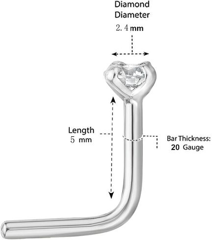 Reeds 1/20ct Diamond 14k White Gold Stud L-Shape Nose Ring - 20 Gauge in Saudi Arabia
