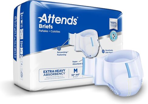Attends Adult Incontinence Disposable Briefs, Medium, 32"-44" Waist with SecureGrip Tab Closure, Extra Heavy Absorbency with Super Absorbent Core and Breathable Side Panels, 24ct Bag in Kuwait