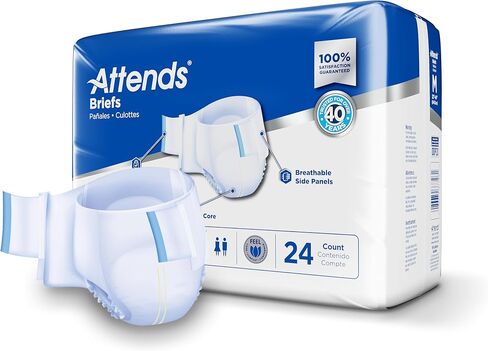 Attends Adult Incontinence Disposable Briefs, Medium, 32"-44" Waist with SecureGrip Tab Closure, Extra Heavy Absorbency with Super Absorbent Core and Breathable Side Panels, 24ct Bag in Kuwait