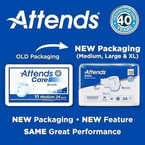Attends Adult Incontinence Disposable Briefs, Medium, 32"-44" Waist with SecureGrip Tab Closure, Extra Heavy Absorbency with Super Absorbent Core and Breathable Side Panels, 24ct Bag in Kuwait