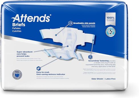 Attends Adult Incontinence Disposable Briefs, Medium, 32"-44" Waist with SecureGrip Tab Closure, Extra Heavy Absorbency with Super Absorbent Core and Breathable Side Panels, 24ct Bag in Kuwait
