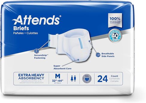 Attends Adult Incontinence Disposable Briefs, Medium, 32"-44" Waist with SecureGrip Tab Closure, Extra Heavy Absorbency with Super Absorbent Core and Breathable Side Panels, 24ct Bag in Kuwait