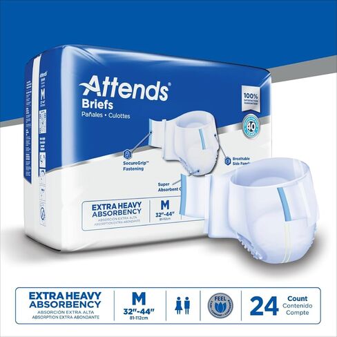 Attends Adult Incontinence Disposable Briefs, Medium, 32"-44" Waist with SecureGrip Tab Closure, Extra Heavy Absorbency with Super Absorbent Core and Breathable Side Panels, 24ct Bag in Kuwait