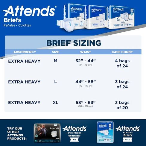 Attends Adult Incontinence Disposable Briefs, Medium, 32"-44" Waist with SecureGrip Tab Closure, Extra Heavy Absorbency with Super Absorbent Core and Breathable Side Panels, 24ct Bag in Kuwait