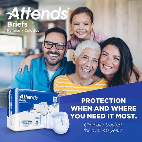 Attends Adult Incontinence Disposable Briefs, Medium, 32"-44" Waist with SecureGrip Tab Closure, Extra Heavy Absorbency with Super Absorbent Core and Breathable Side Panels, 24ct Bag in Kuwait