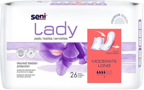 Seni Lady Discrete Bladder Control Pads with Adhesive Strip, 26 Count (1 Pack of 26), Moderate Absorbency Level, Long, 11" Length with Super Absorbent Core and Odor Control in Saudi Arabia