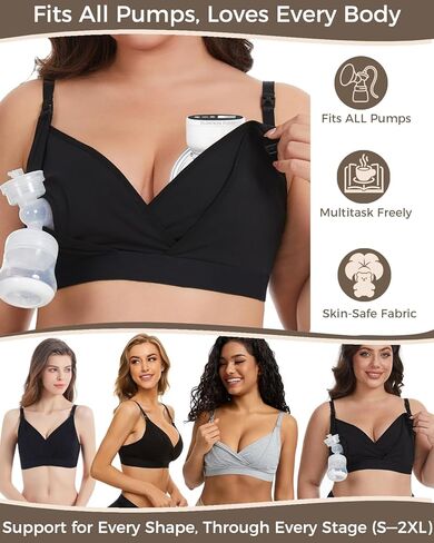 Pumping Bra Hands Free 2pk Nursing and Pumping Bra in One Adjustable V-Neck Bra Holding Breast Pumps Black in Saudi Arabia