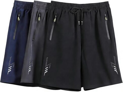 Men's 3 Pack Quick Dry Gym Shorts with Zipper Pockets Athletic Running Workout Casual Active Shorts Black Blue Grey in Kuwait