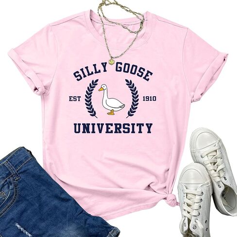 Tuislay Funny Silly Goose University Shirts Women Cute Graphic Tees for Girls Animal T-Shirts Short Sleeve Novelty Clothing in Saudi Arabia