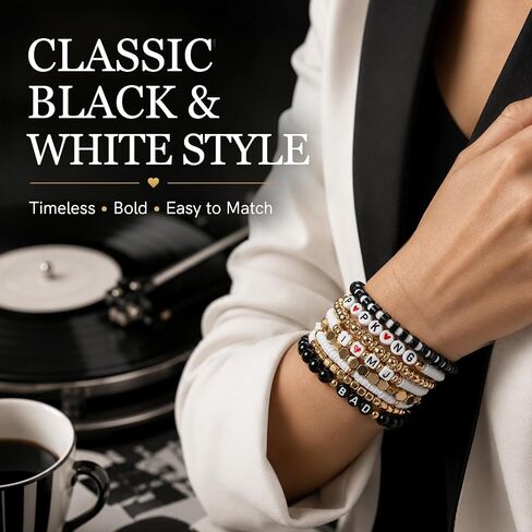 8PCS Black White Stretch Bracelets Set, Polymer Clay Beaded Bracelets for Women and Men, Music Inspired Stackable Fan Jewelry, Elastic Bracelet Gift, Collectible Accessories in Kuwait
