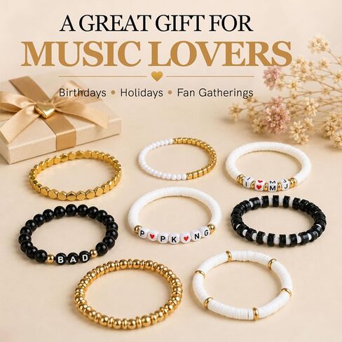 8PCS Black White Stretch Bracelets Set, Polymer Clay Beaded Bracelets for Women and Men, Music Inspired Stackable Fan Jewelry, Elastic Bracelet Gift, Collectible Accessories in Kuwait