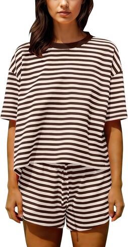 Womens Striped Pajamas Shorts Set Short Sleeve Crewneck Tee Wide Leg Drawstring Shorts Matching 2 Piece Lounge Pj Set in Saudi Arabia