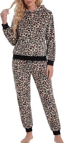 U2SKIIN Leopard Print Fleece Pajamas for Women Set Hooded Top with Kangaroo Pocket Warm Soft Flannel Loungewear Sleepwear in Kuwait