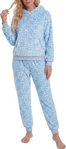 U2SKIIN Leopard Print Fleece Pajamas for Women Set Hooded Top with Kangaroo Pocket Warm Soft Flannel Loungewear Sleepwear in Kuwait