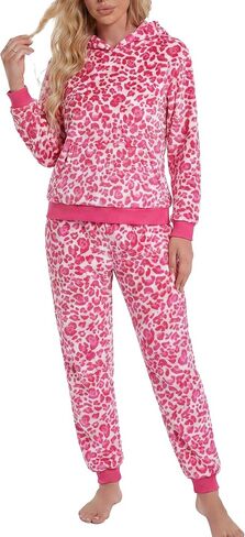 U2SKIIN Leopard Print Fleece Pajamas for Women Set Hooded Top with Kangaroo Pocket Warm Soft Flannel Loungewear Sleepwear in Kuwait