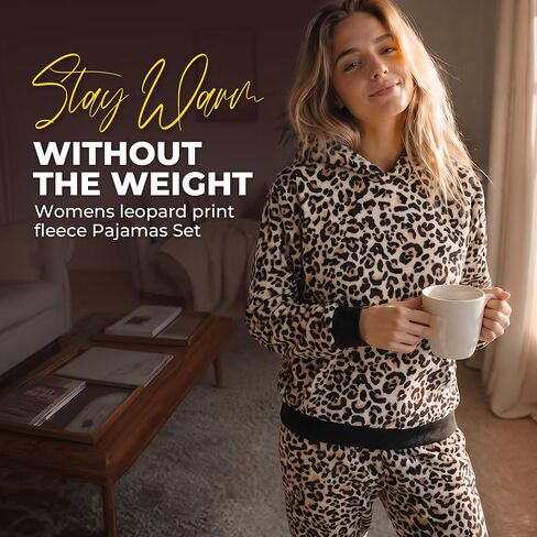 U2SKIIN Leopard Print Fleece Pajamas for Women Set Hooded Top with Kangaroo Pocket Warm Soft Flannel Loungewear Sleepwear in Kuwait